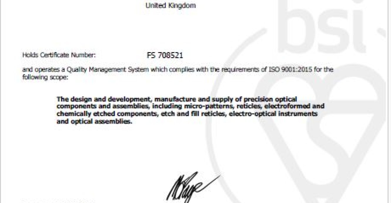 Graticules Optics ISO9001:2015 Accreditation Renewed