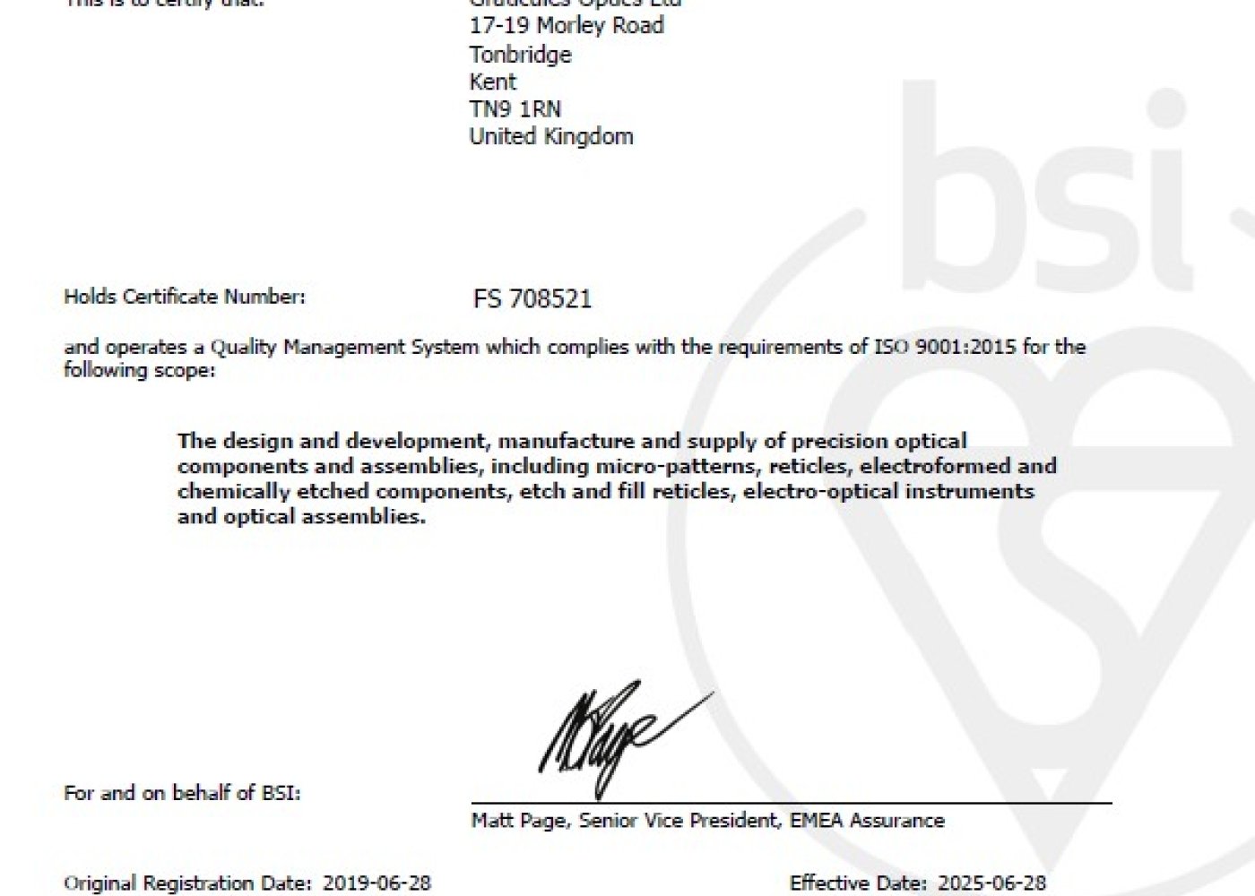 Graticules Optics ISO 9001:2015 Accreditation